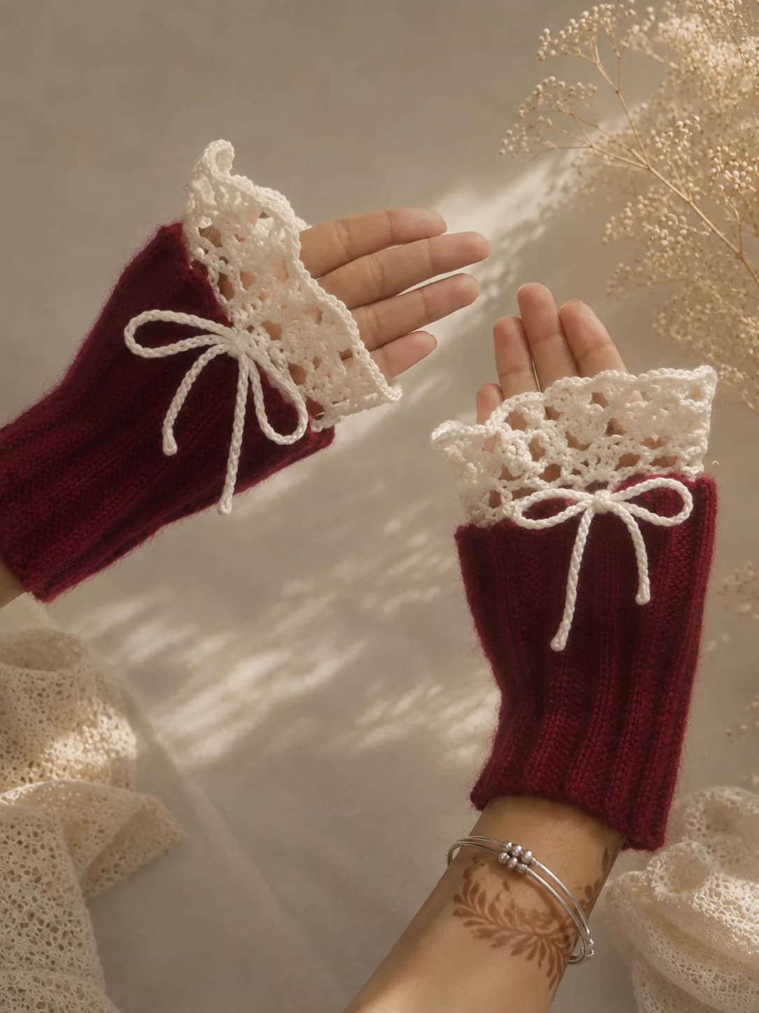 CROCHET CRIMSON LACE FINGERLESS GLOVES 🧤